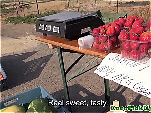 Czech teenage selling strawberries and poon